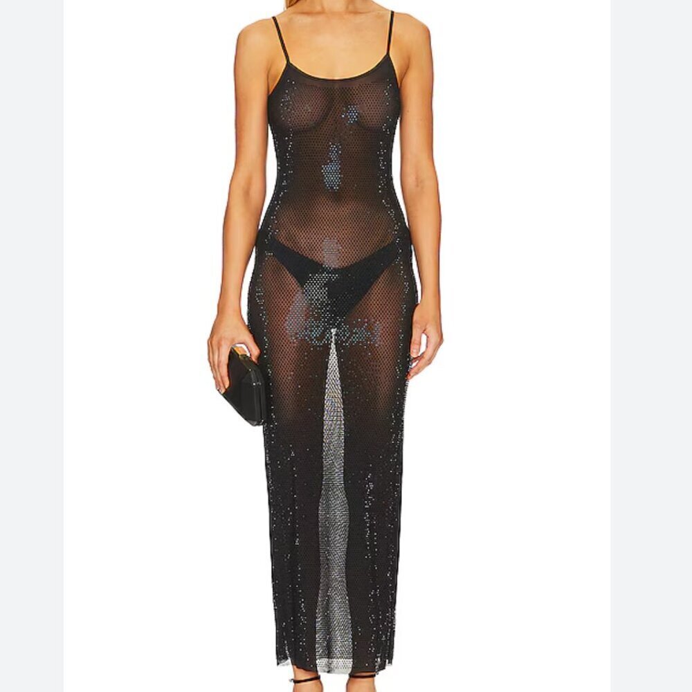 WeWoreWhat Mesh Scoop Maxi Slip Dress in Rhinestone Black size XXS
